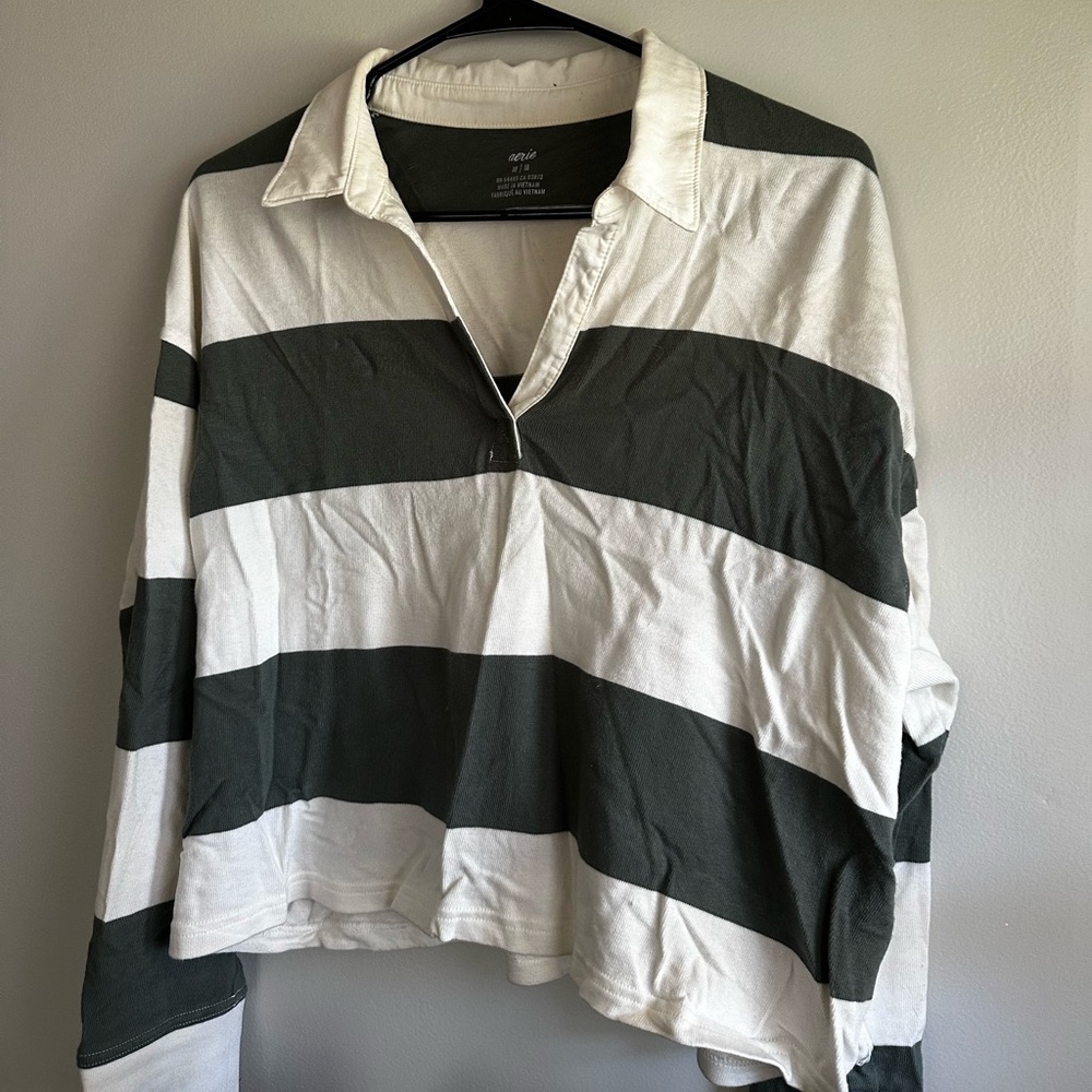 Aerie Striped military Green and White Collared Shirt